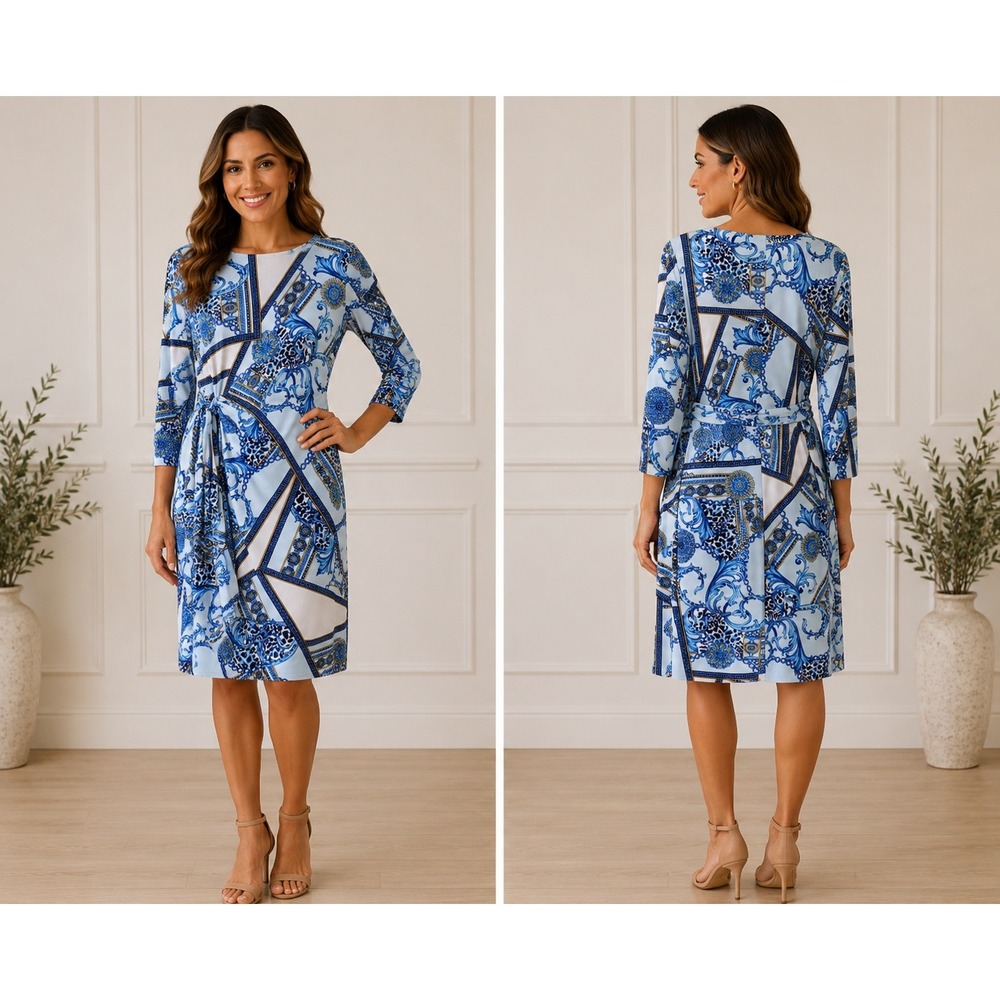 Peter Nygard Womens Blue Baroque Leopard‎ Faux Wrap Dress 3/4 Sleeve PL NEW
